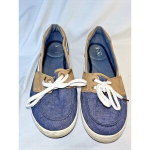 Keds Women's Boat Shoes Blue Denim Tan Lace Up Slip-On Sneakers Size 9.5